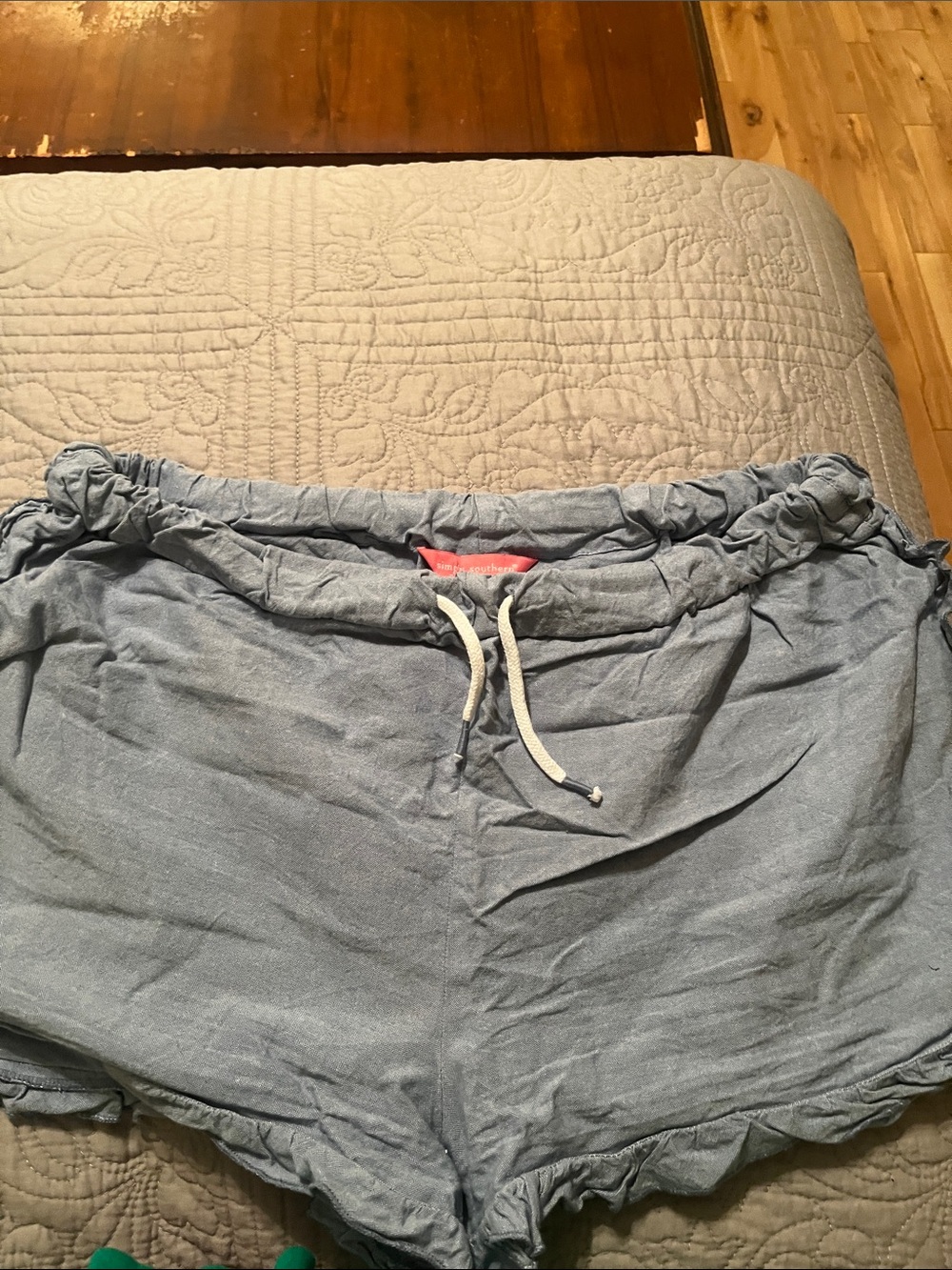 Simply Southern Short Light Blue Drawstring Linen-Blend Women's Shorts ruffles